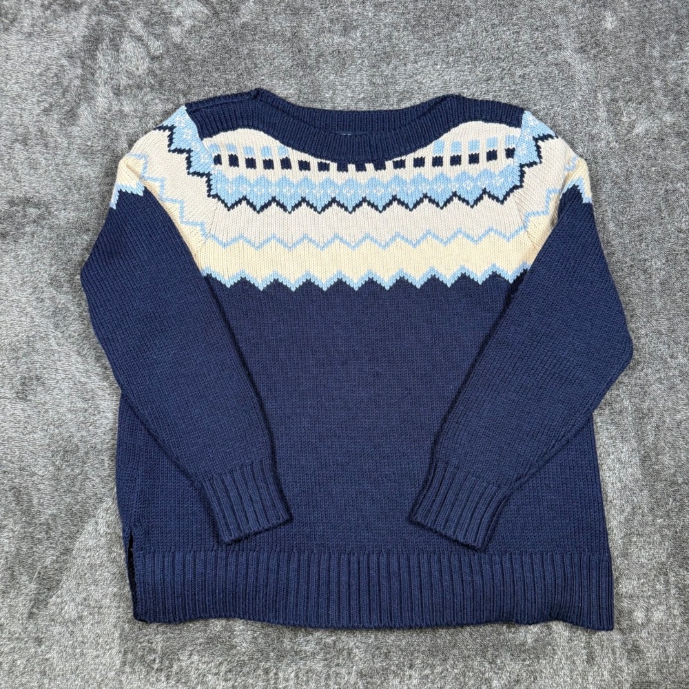 LL Bean Signature Merino Wool Fair Isle Sweater Navy Blue Womens Large